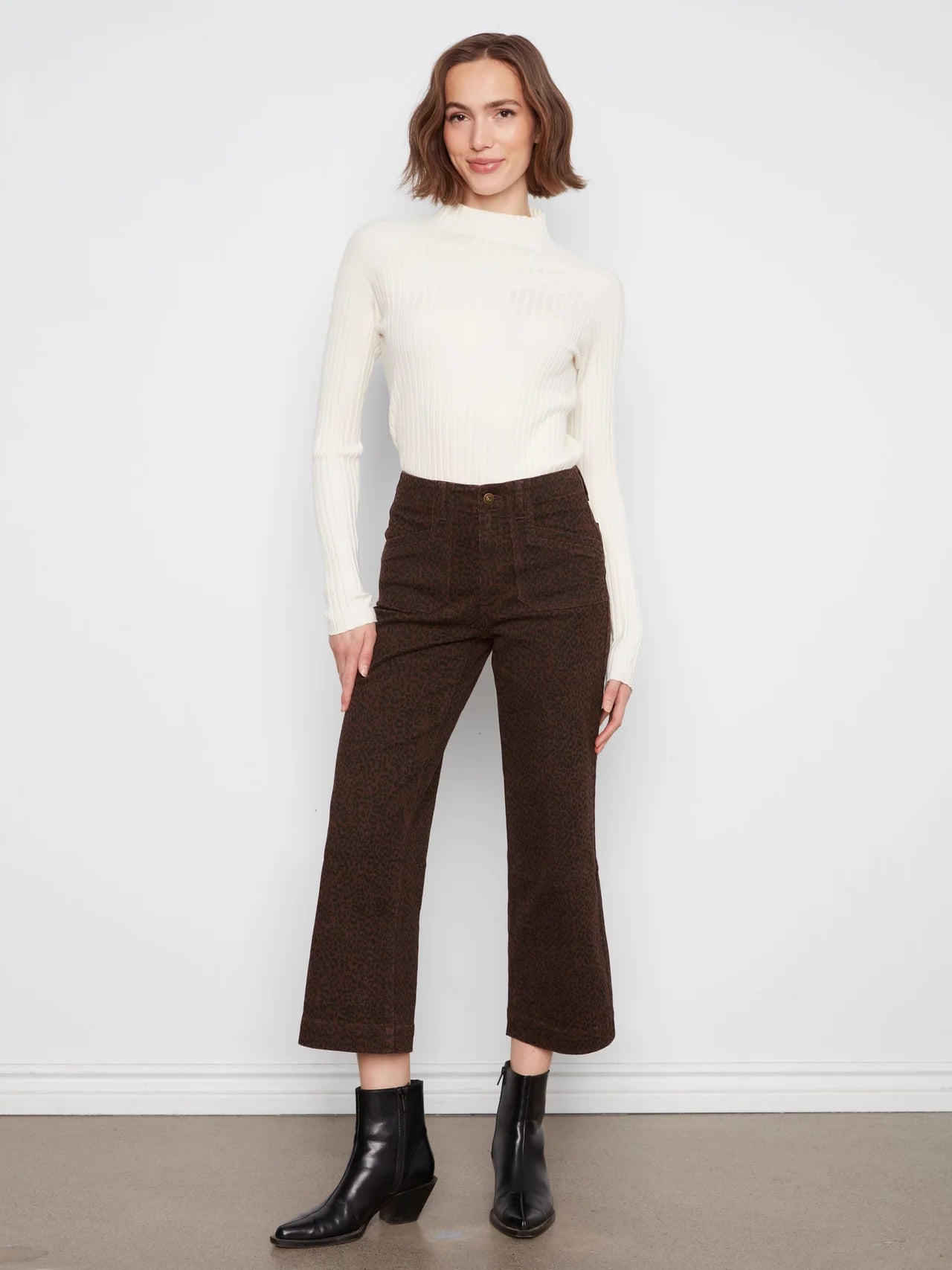 Printed Cropped Wide Leg Stretch Twill Pants - Leopard
