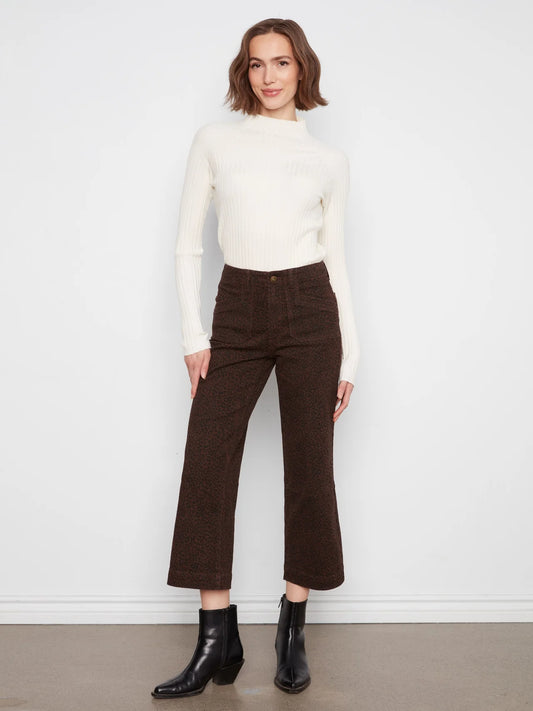 Printed Cropped Wide Leg Stretch Twill Pants - Leopard