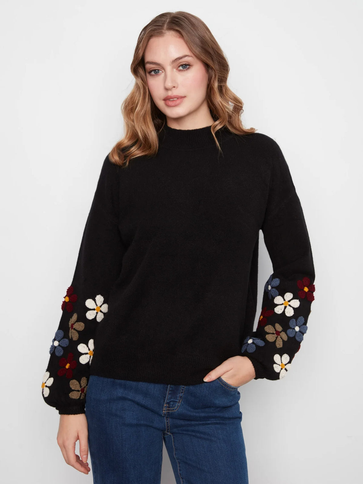 Mock Neck Sweater With Embroidered Flowers - Black