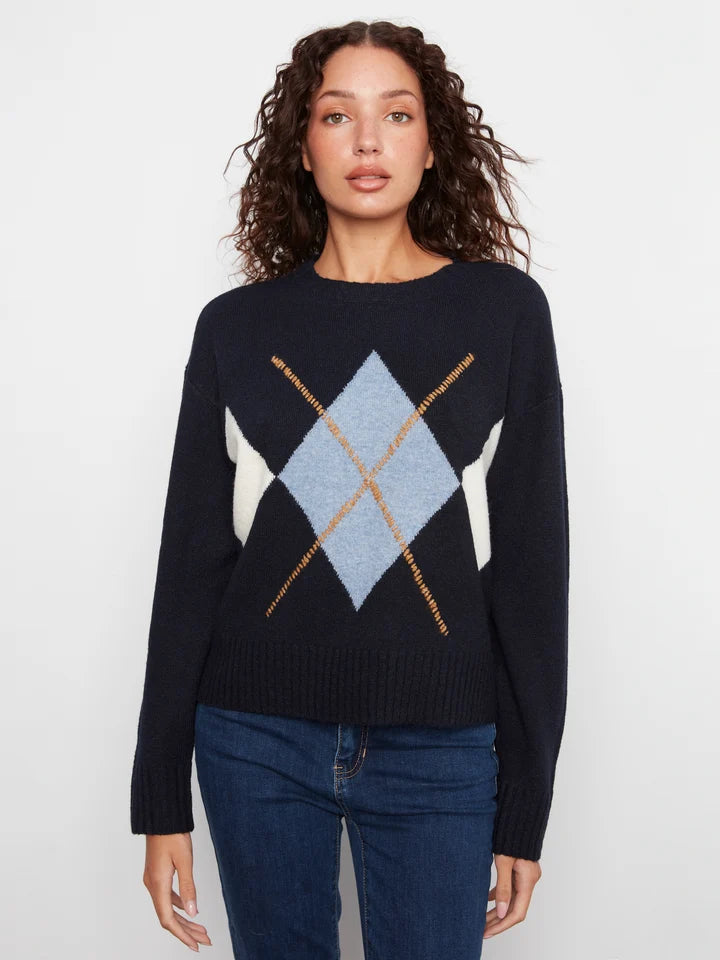 Long Sleeve Drop Shoulder Crew Neck Sweater With Argyle Jacquard & Whipstitch Detail