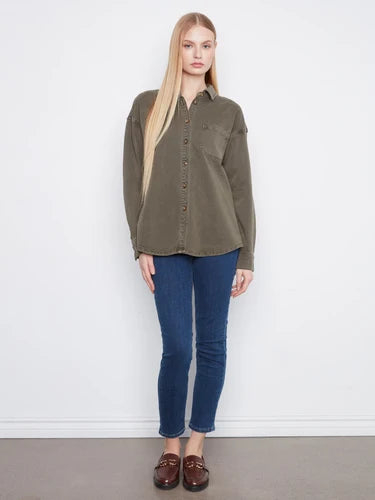 Button-Front Twill Overshirt - Moss