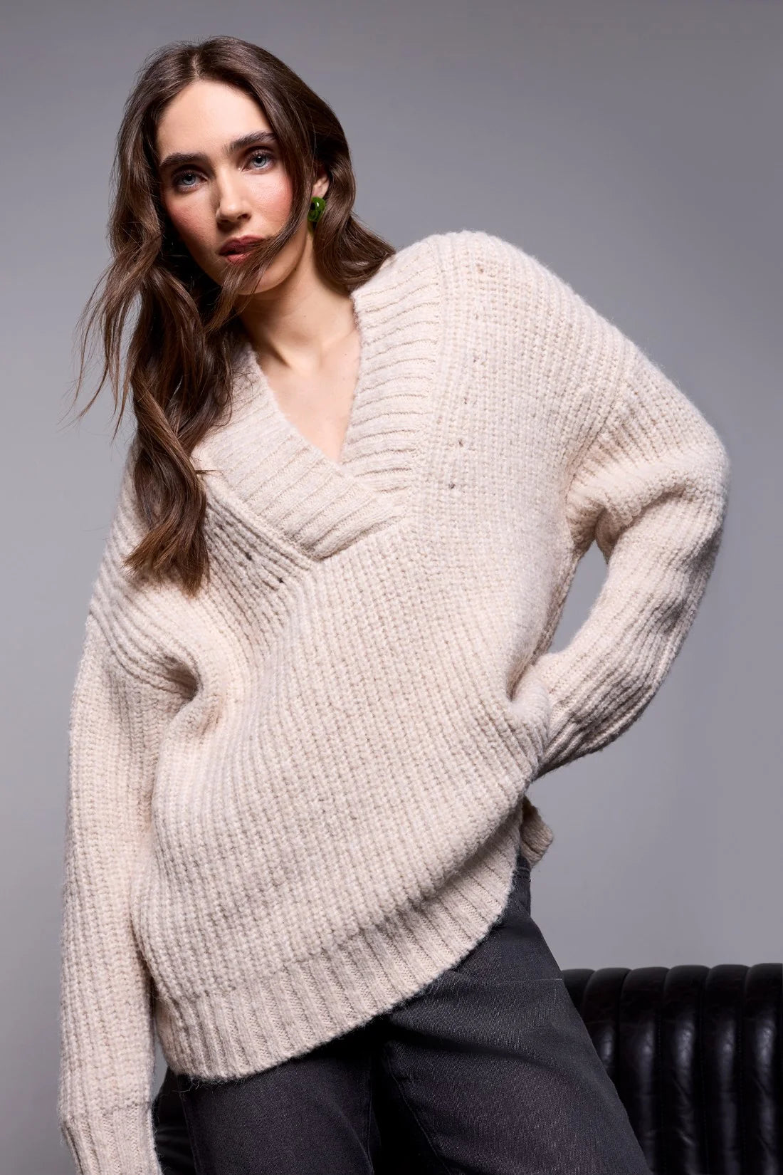 Oversized Chunky Ribbed Deep V-Neck Knit Sweater-Neck - Cream