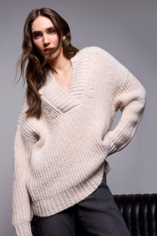 Oversized Chunky Ribbed Deep V-Neck Knit Sweater-Neck - Cream
