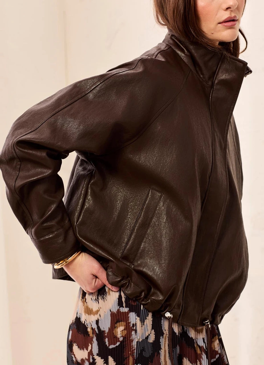 Relaxed Mock Neck Jacket in Saddle Brown