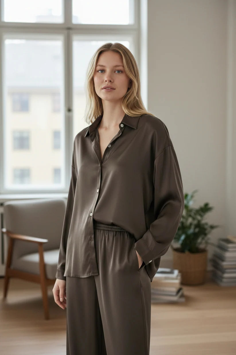 Satin Button down shirt in brown