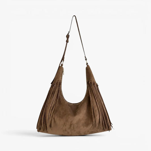 JACKIE Faux Suede Hobo Fringe Bag - Mocha