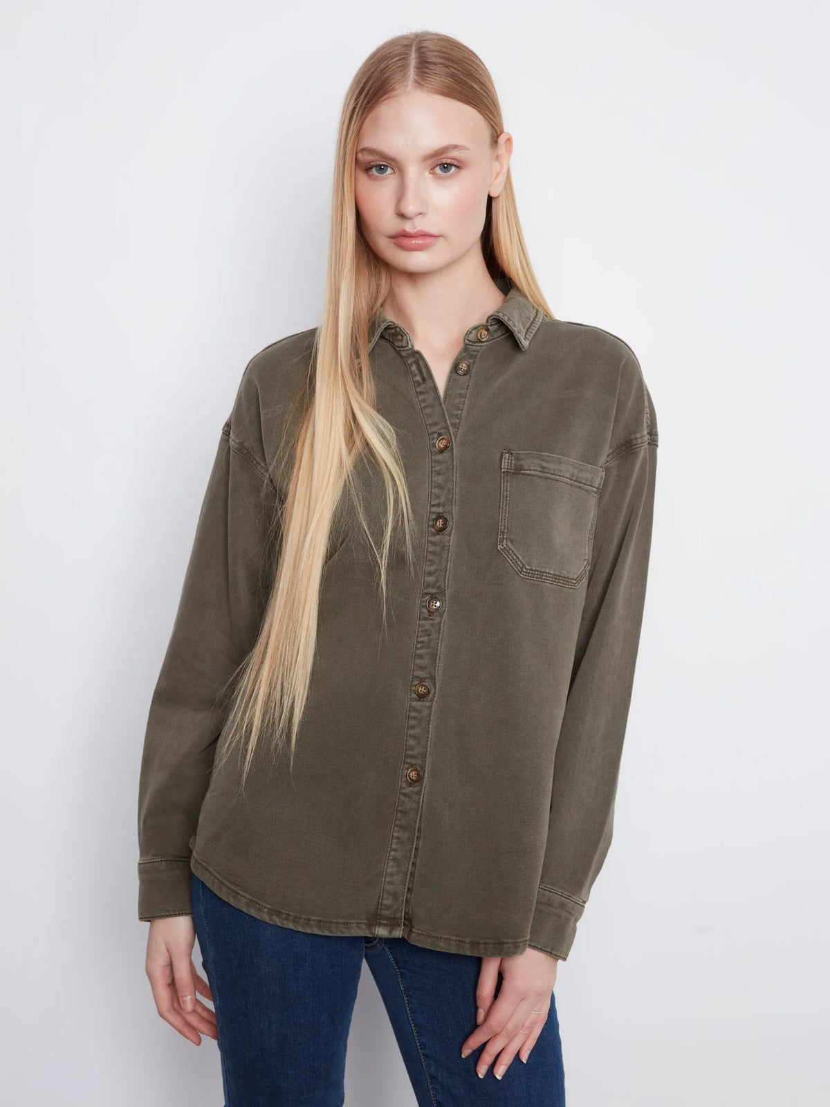 Button-Front Twill Overshirt - Moss