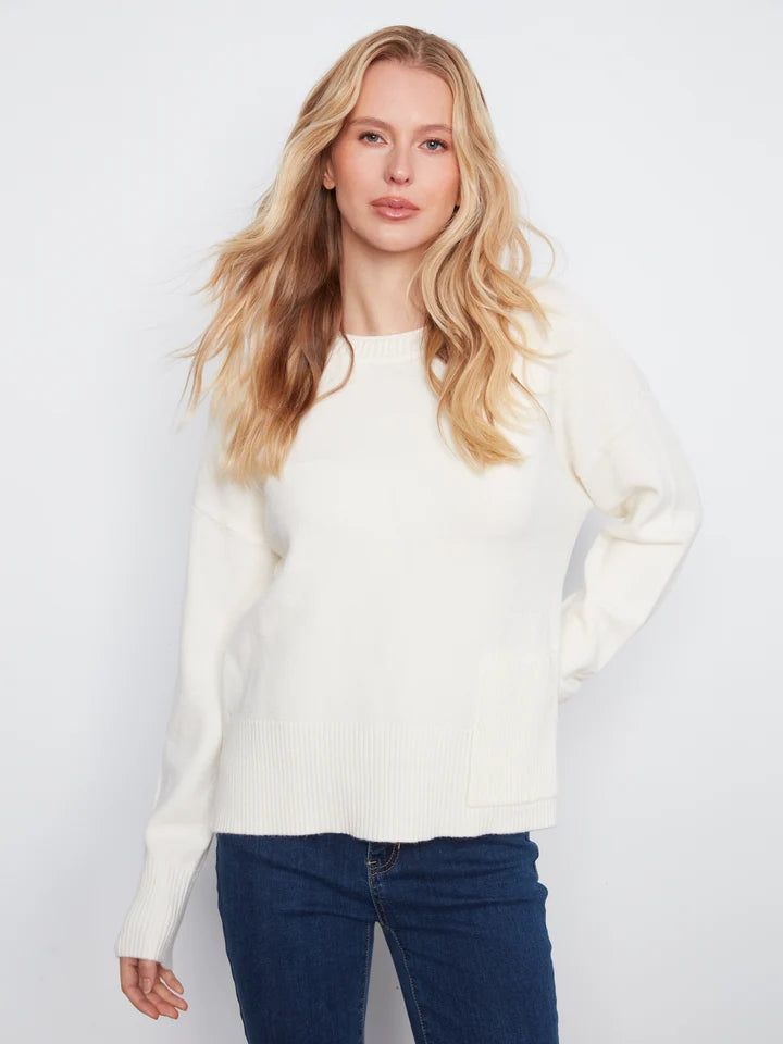 Crew Neck Cropped Sweater with Pocket - Ecru
