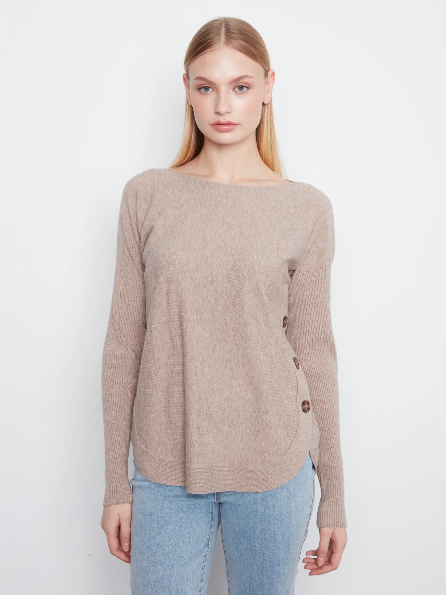 Boat Neck Sweater W/Side Buttons Detail-H-Taupe