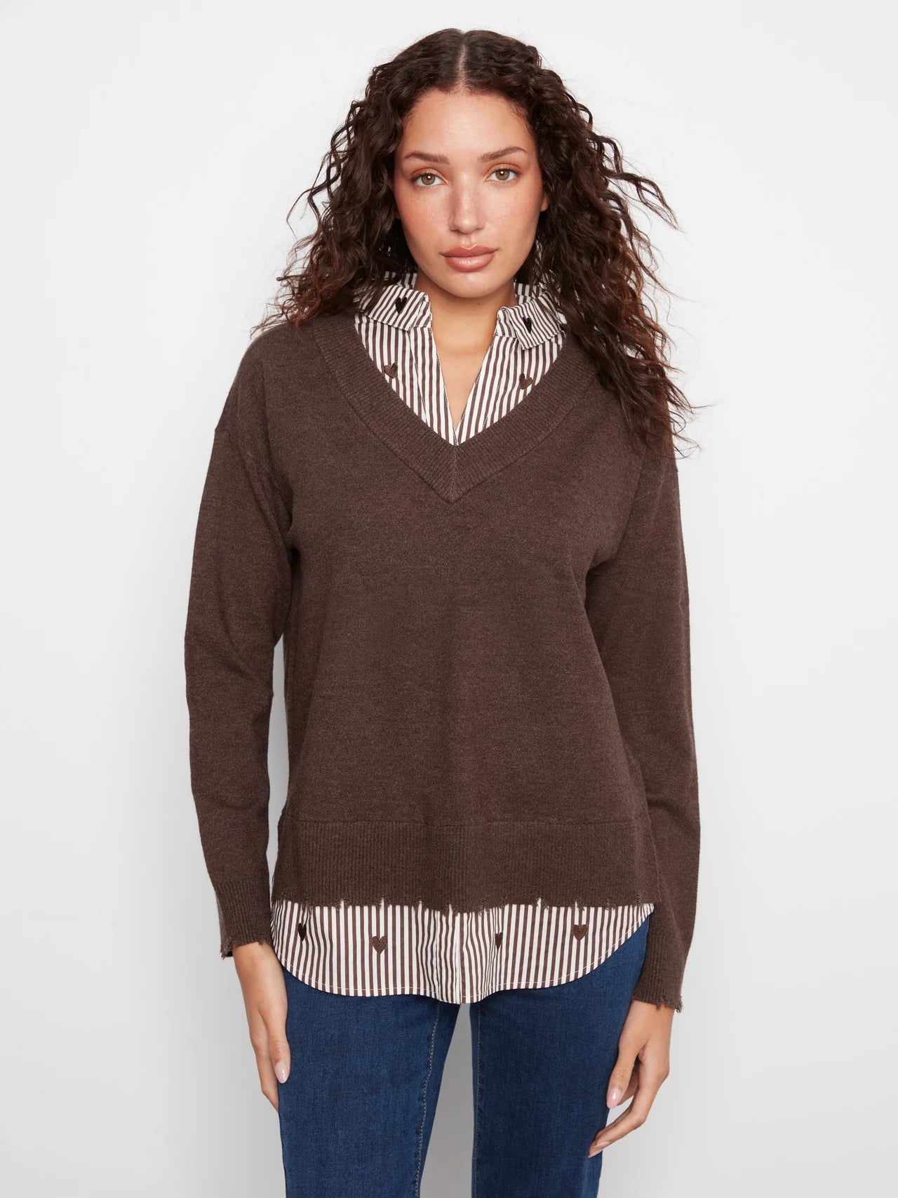 V-Neck Fooler Sweater With Embroidered Shirt Collar - Heather Coffee