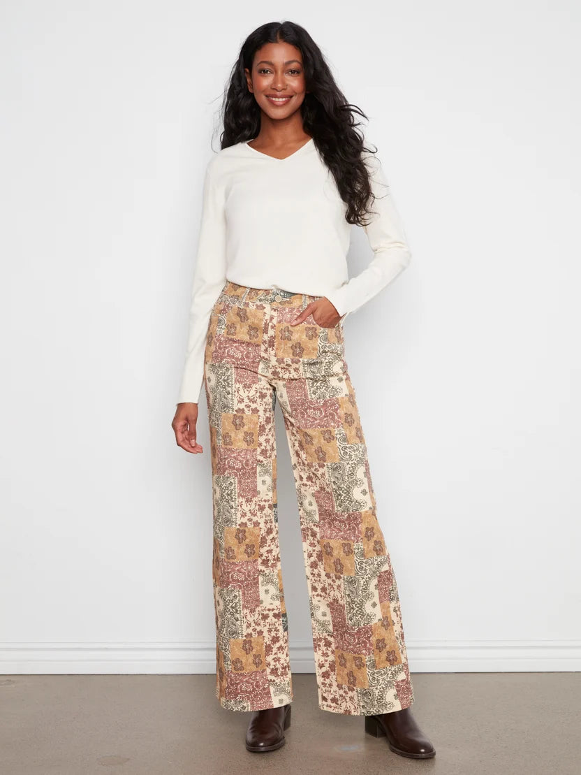 Wide Leg Printed Twill Pants
