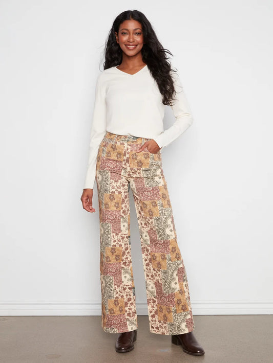 Wide Leg Printed Twill Pants