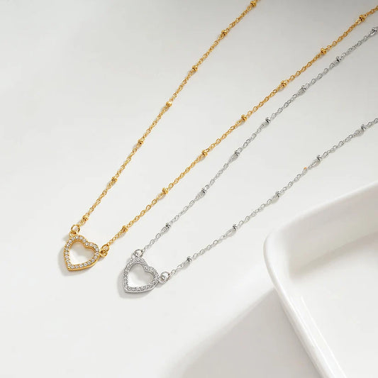 CHERISH: Beaded Chain Anchoring an Elegant Pavé Heart Charm Pendant (Gold)