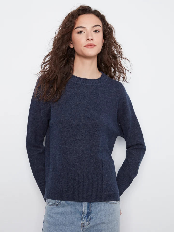 Crew Neck Cropped Sweater with Pocket - Denim