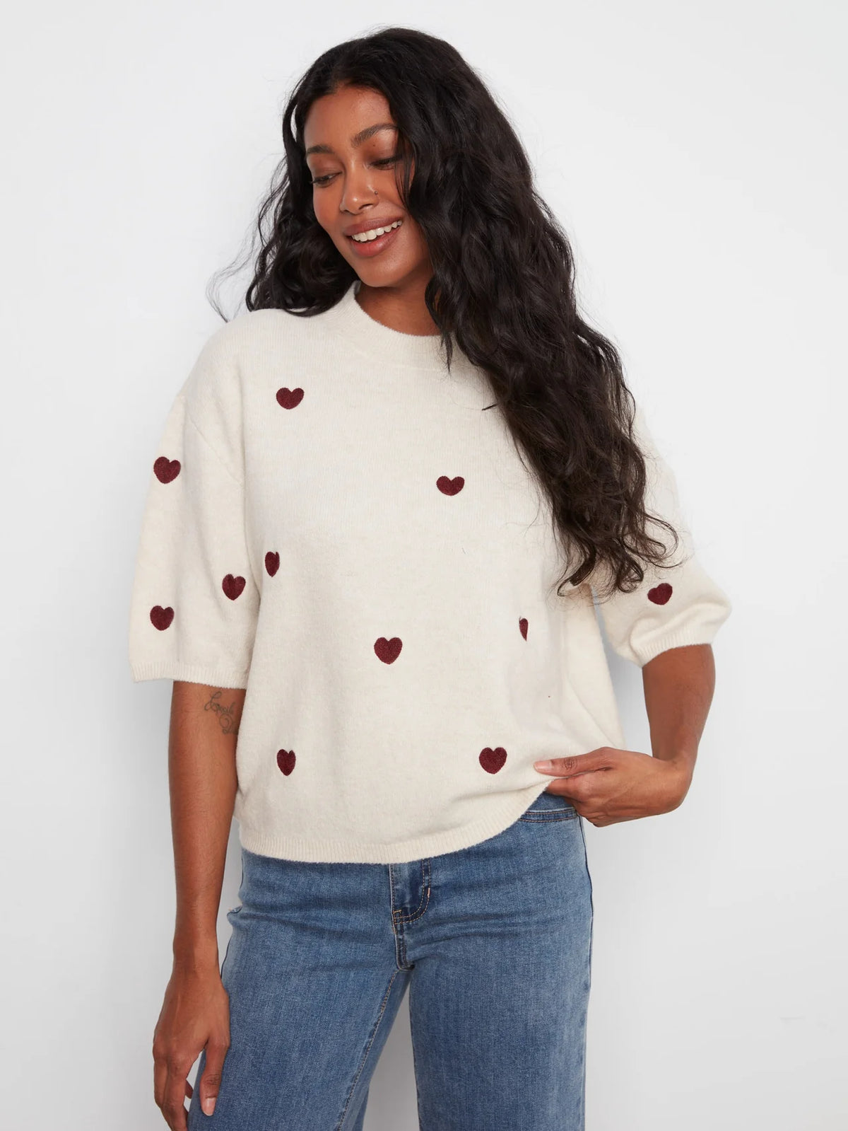 Embroidered Heart Balloon Elbow Sleeve Knit Sweater - Heather Oat