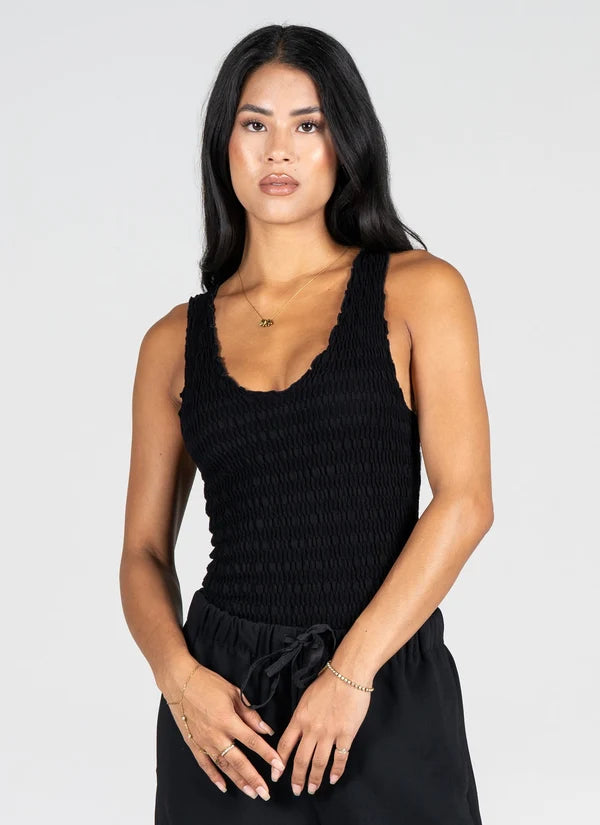 Seamless Smocked V Neck Tank - Black