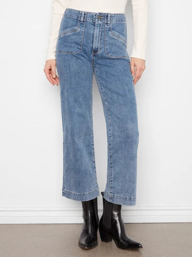 Cropped Wide Leg Stretch Jeans - Medium Blue