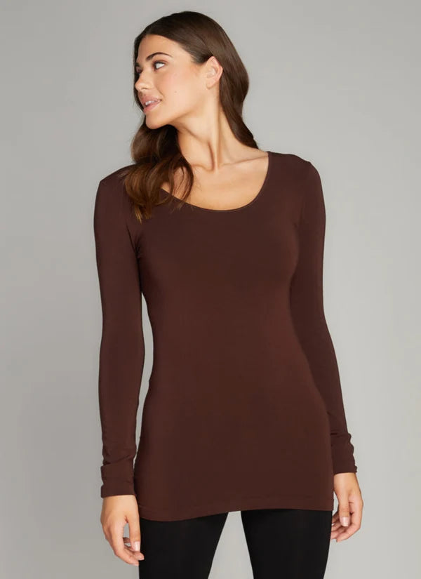 Bamboo Long Sleeve Scoop Neck Top in Brown