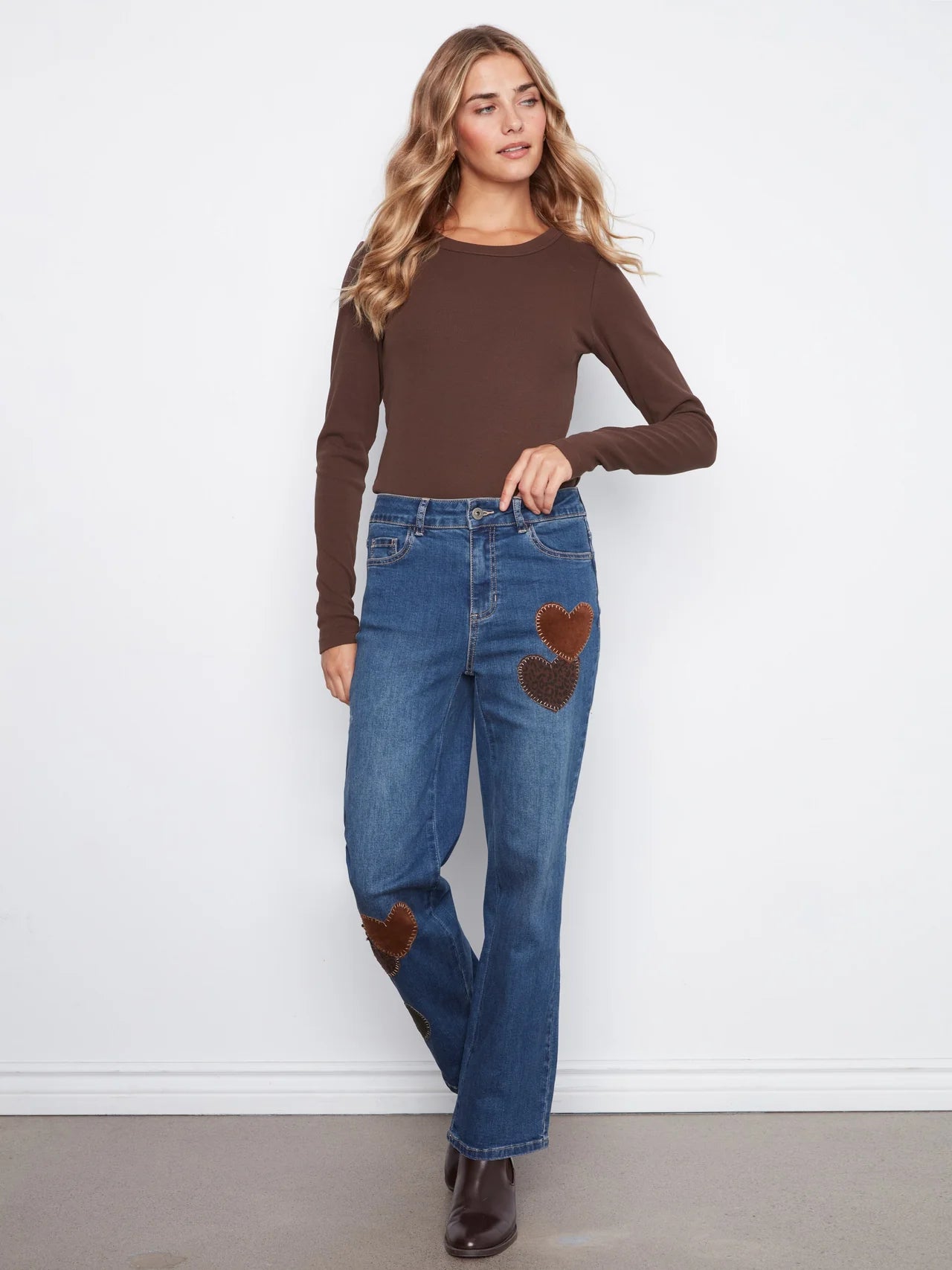 Straight Leg Jeans With Corduroy Heart Patches - Washed Indigo