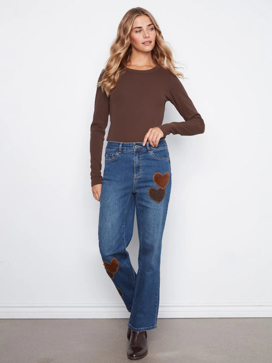 Straight Leg Jeans With Corduroy Heart Patches - Washed Indigo