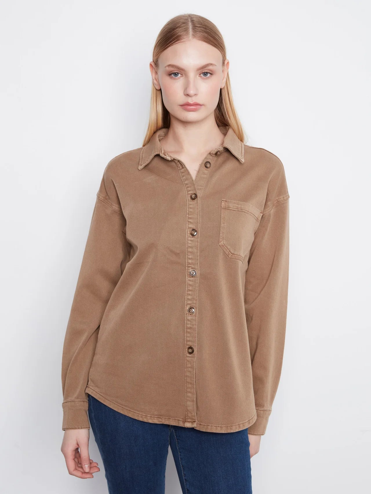 Button-Front Twill Overshirt - Walnut