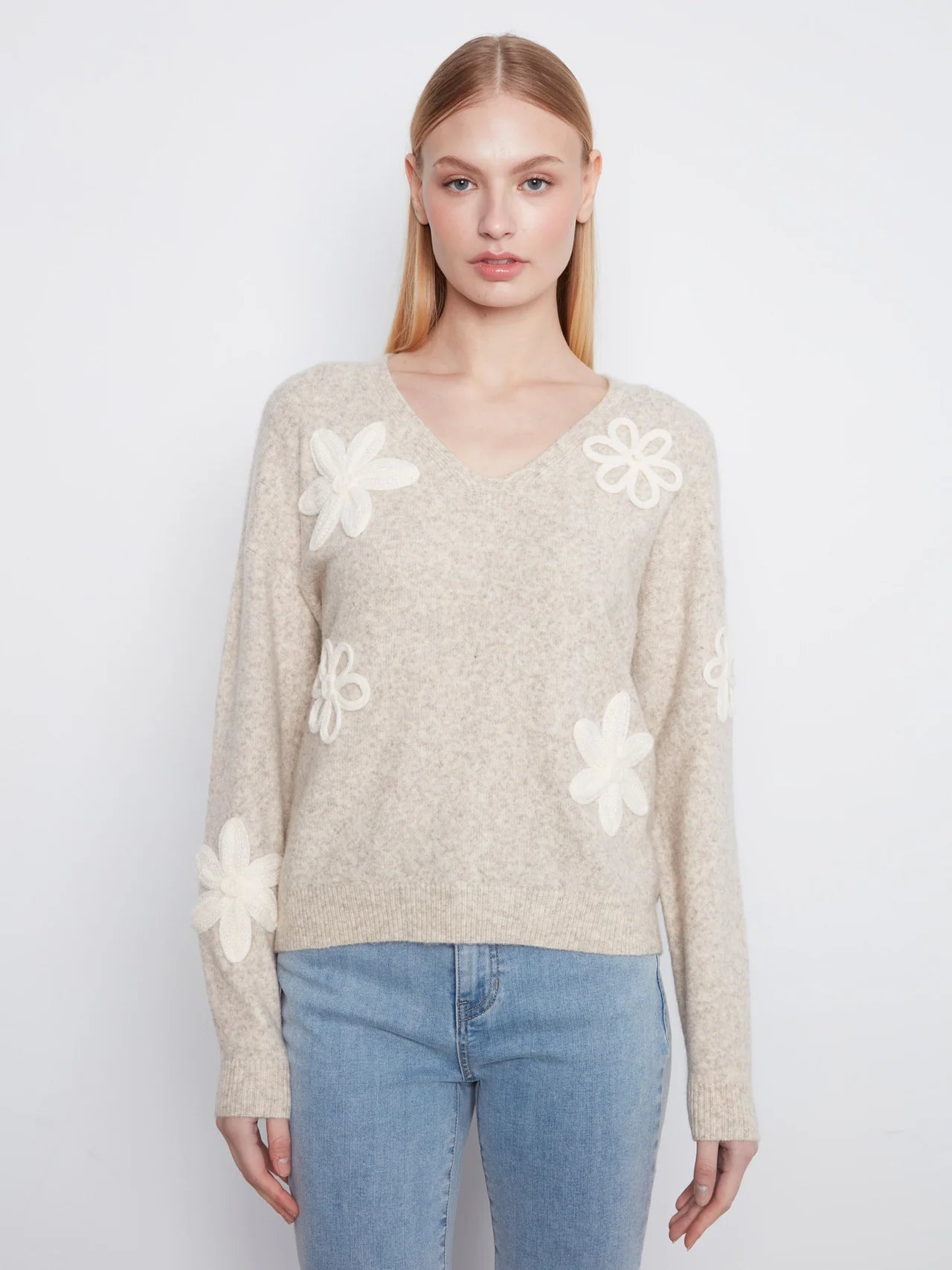 Floral Appliqué V-Neck Sweater - Heather Almond