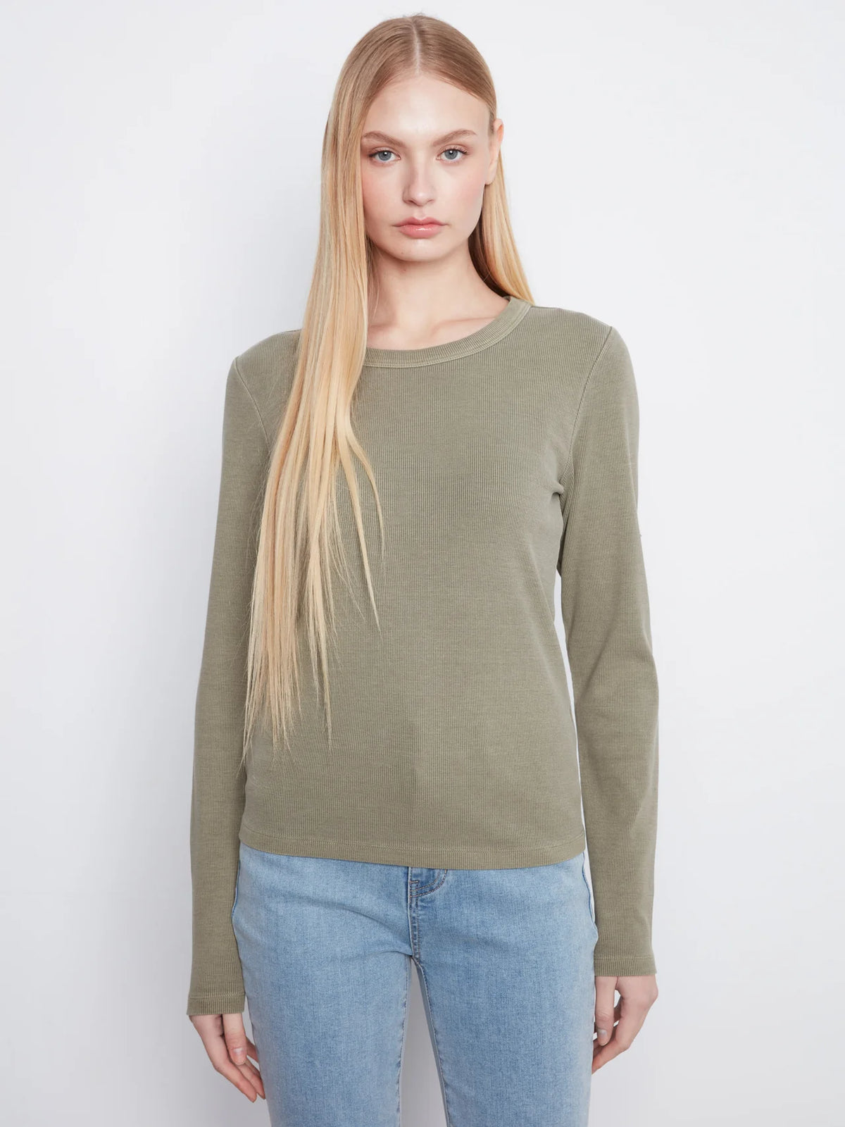 Cotton Blend Ribbed Long Sleeve Top - Verveine