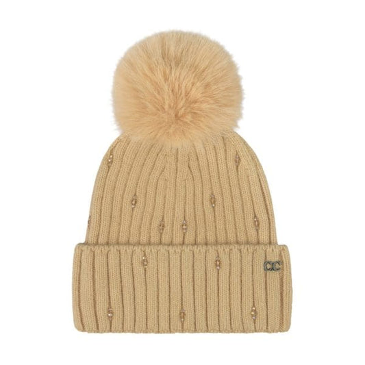 Glass Bead Embellished Cuff Beanie in Camel