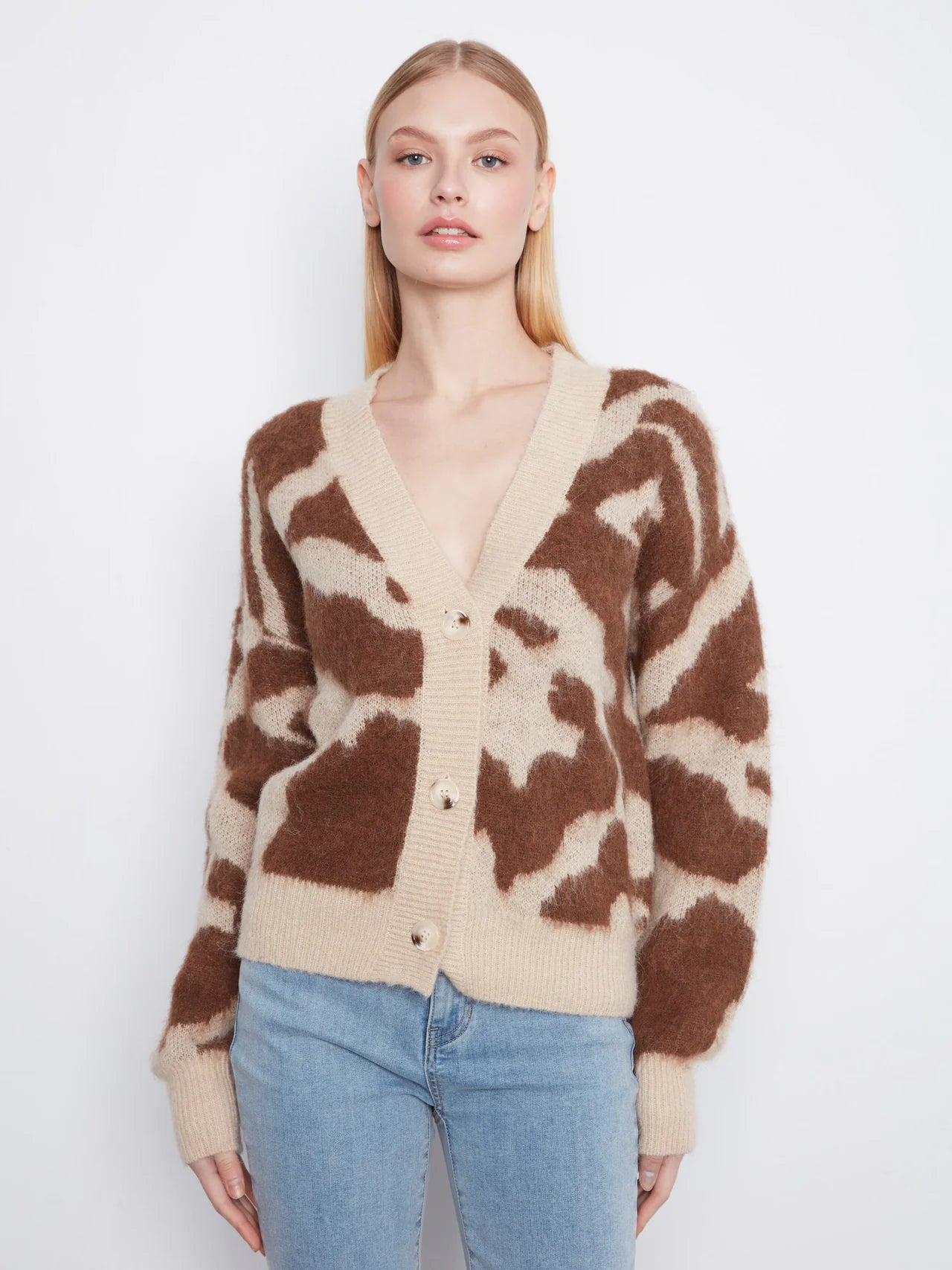 Cow Print V-Neck Cardigan - Ranch