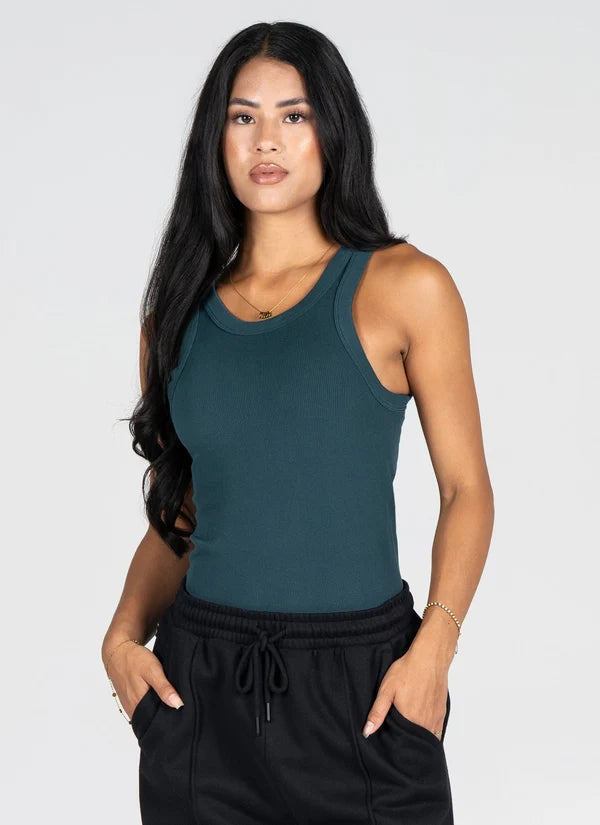 Bamboo Rib High Crew Tank in Forest