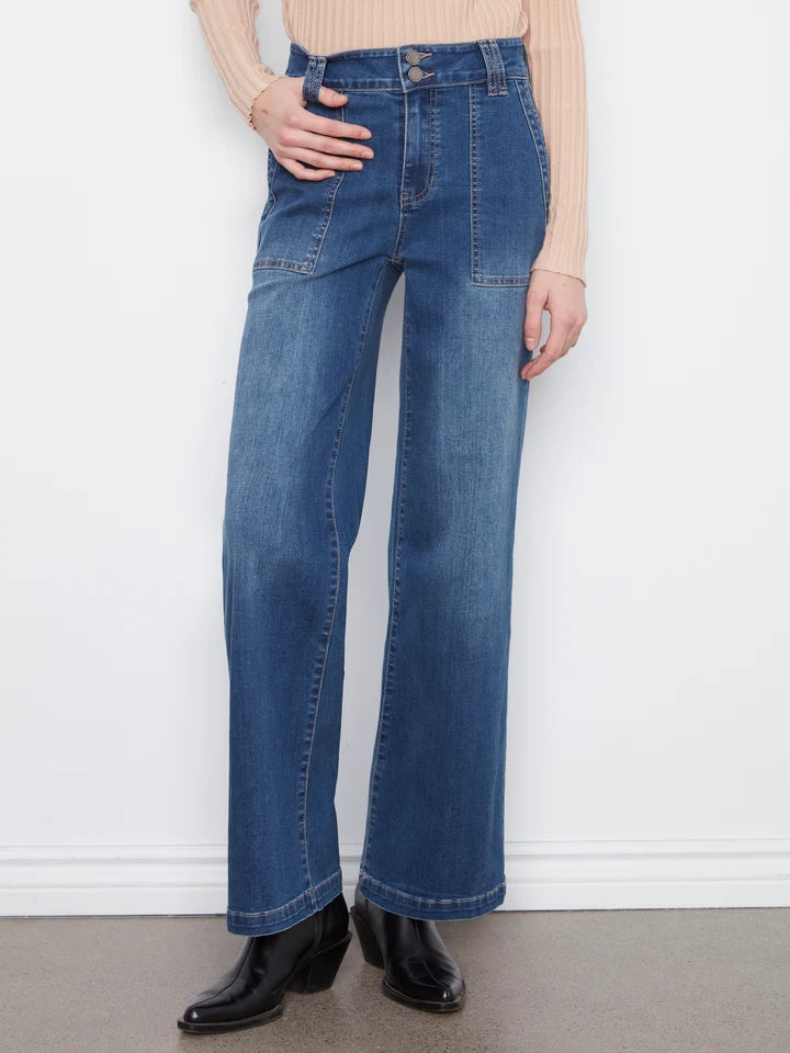Wide Leg Jeans With Patch Pockets and Double Front Button