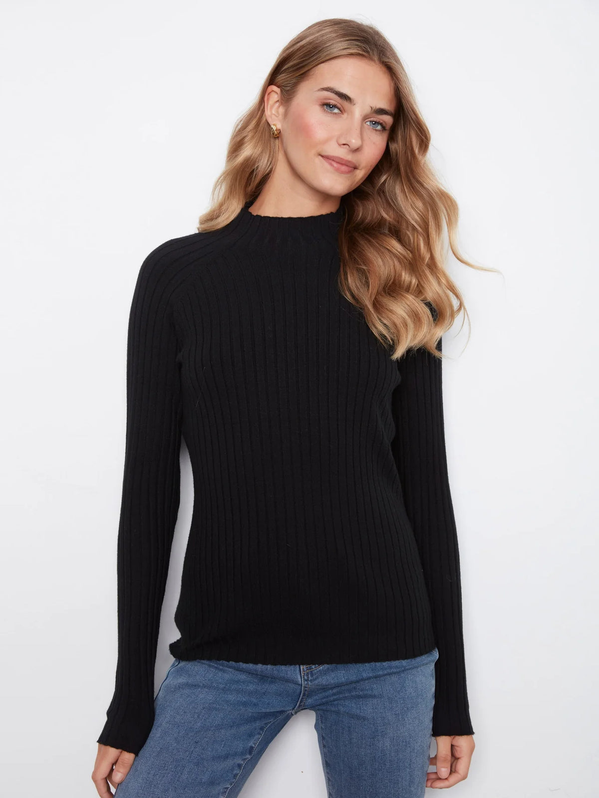 Ribbed Knit Mock Neck Sweater - Black