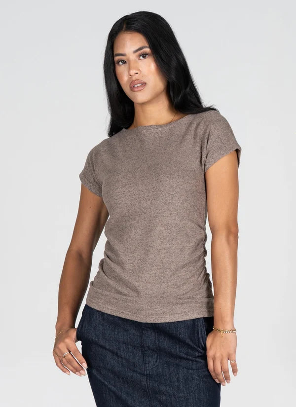 Ruched Side Cap Sleeve Top in Taupe