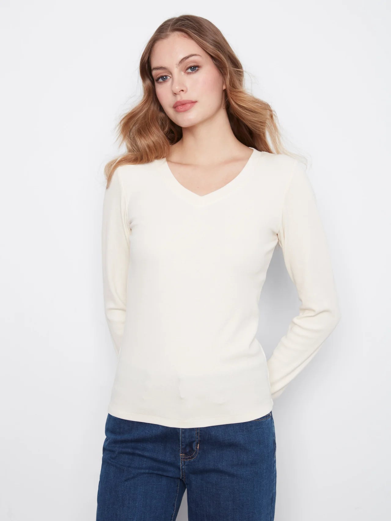 Cotton Blend Ribbed Long Sleeve V-Neck Top - Almond