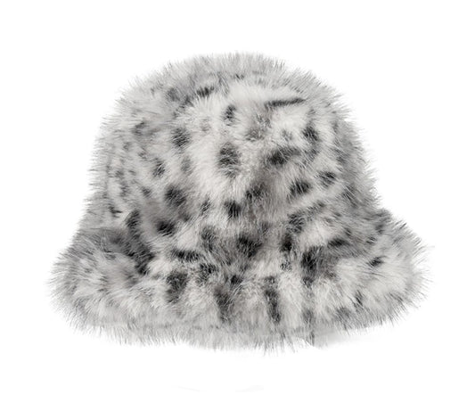 Faux Fur Leopard Bucket Hat in Light Grey