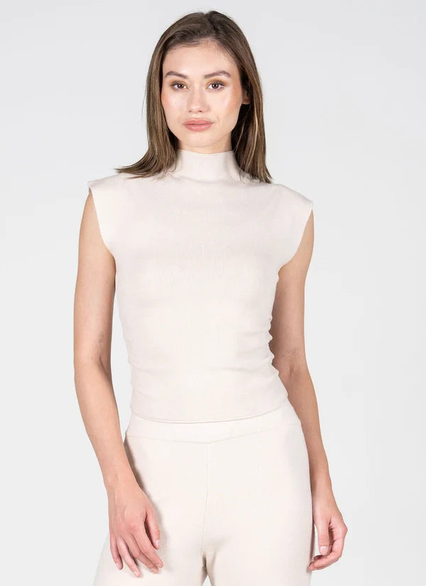 Viscose Blend Knit S/S High Neck Top in Heather Beige