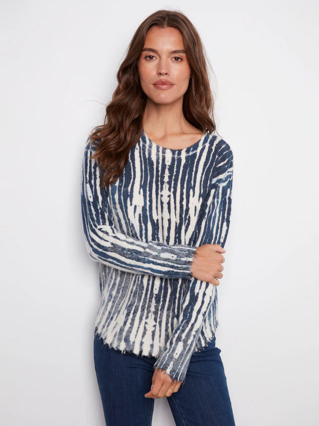 Charlie B- Reversible Printed Plush Sweater With Frayed Edges - Stream