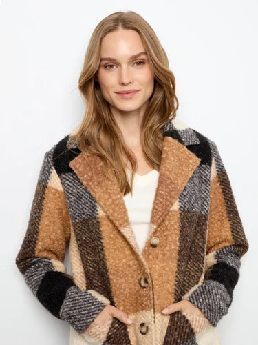 Plaid Bouclé Knit Coat - Taupe
