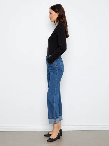 Cuffed Straight Leg Jeans With Leopard Trim - Washed Indigo