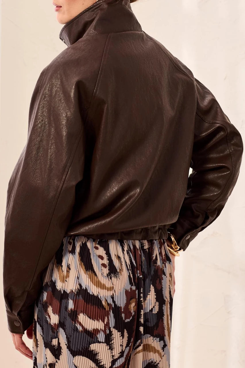 Relaxed Mock Neck Jacket in Saddle Brown