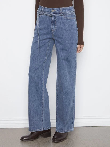 Stretch Denim Wide Leg Belted Pant