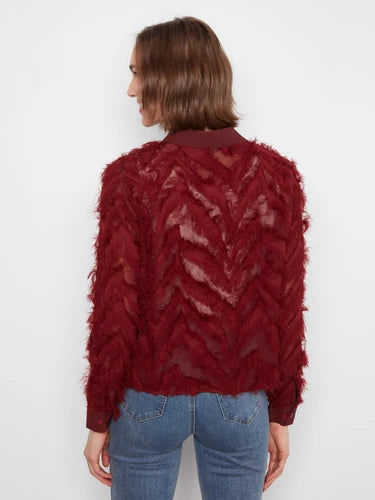 Fringe Chiffon Button-Front Blouse - Merlot