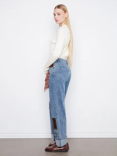 Cuffed Straight Leg Patchwork Jeans - Medium Blue