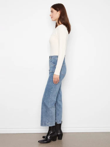 Cropped Wide Leg Stretch Jeans - Medium Blue
