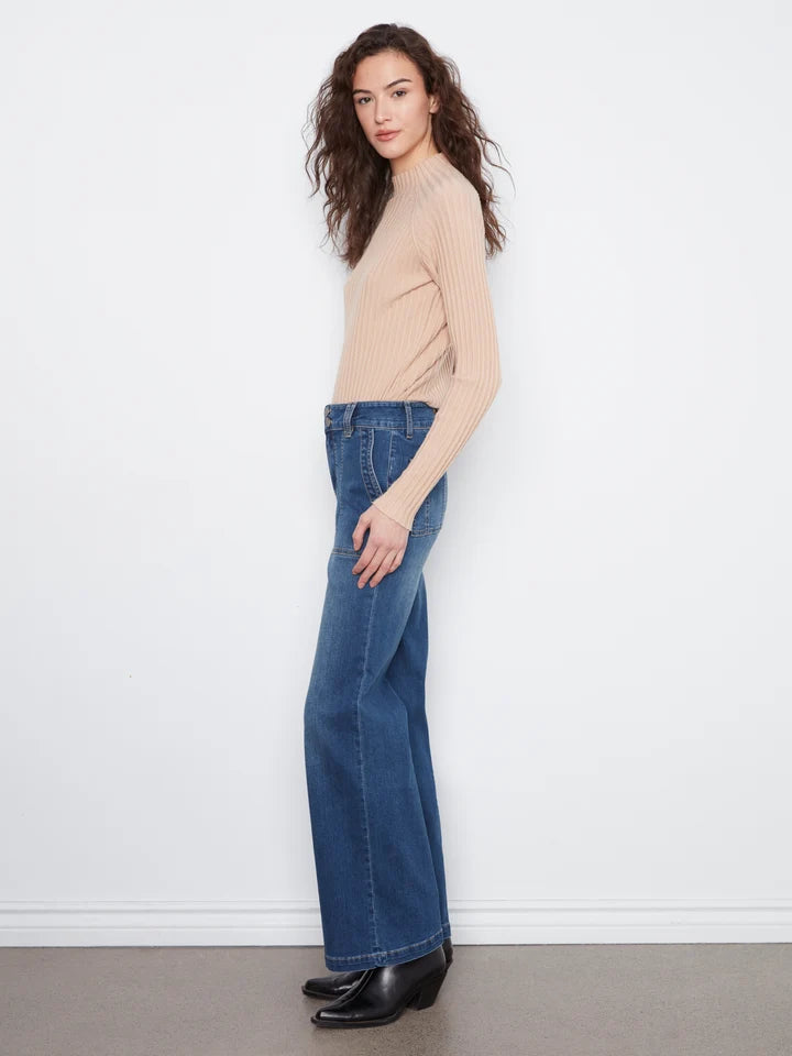 Wide Leg Jeans With Patch Pockets and Double Front Button