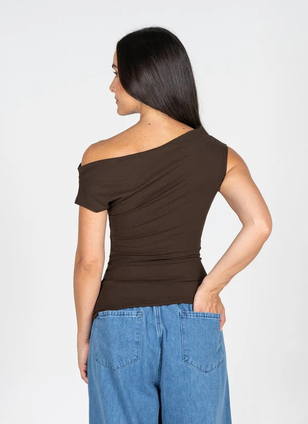 Gathered Front Boat Neck Top in Brown
