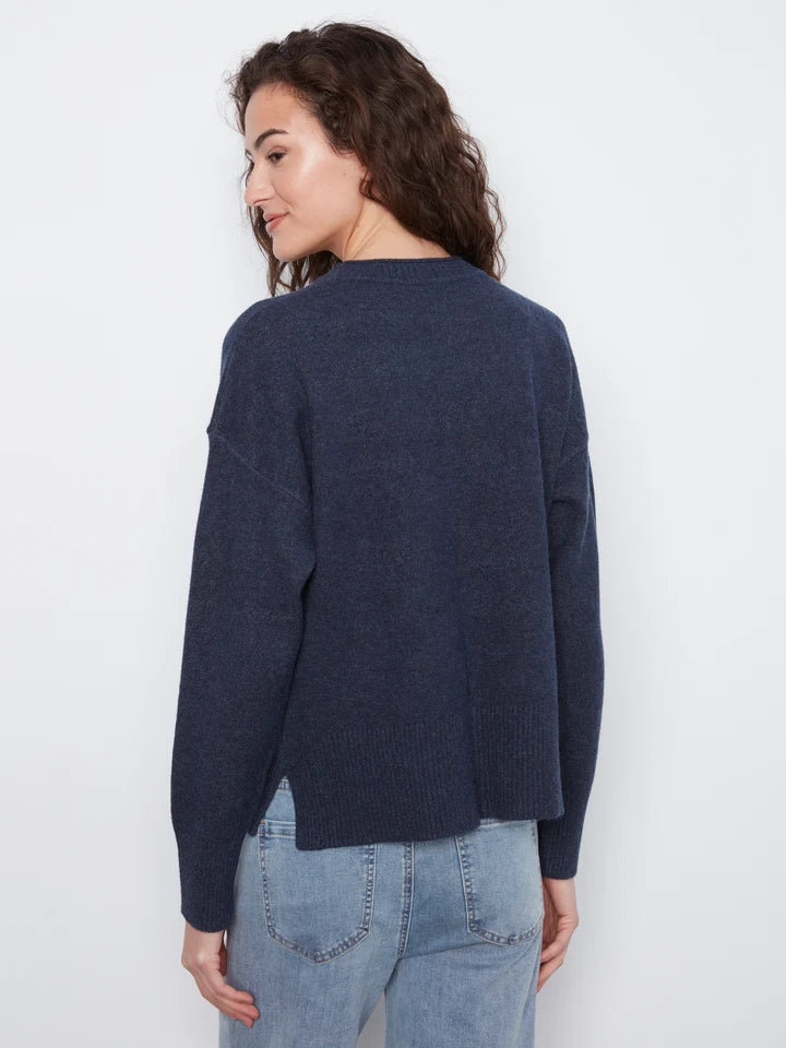 Crew Neck Cropped Sweater with Pocket - Denim