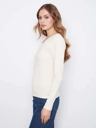 Cotton Blend Ribbed Long Sleeve V-Neck Top - Almond