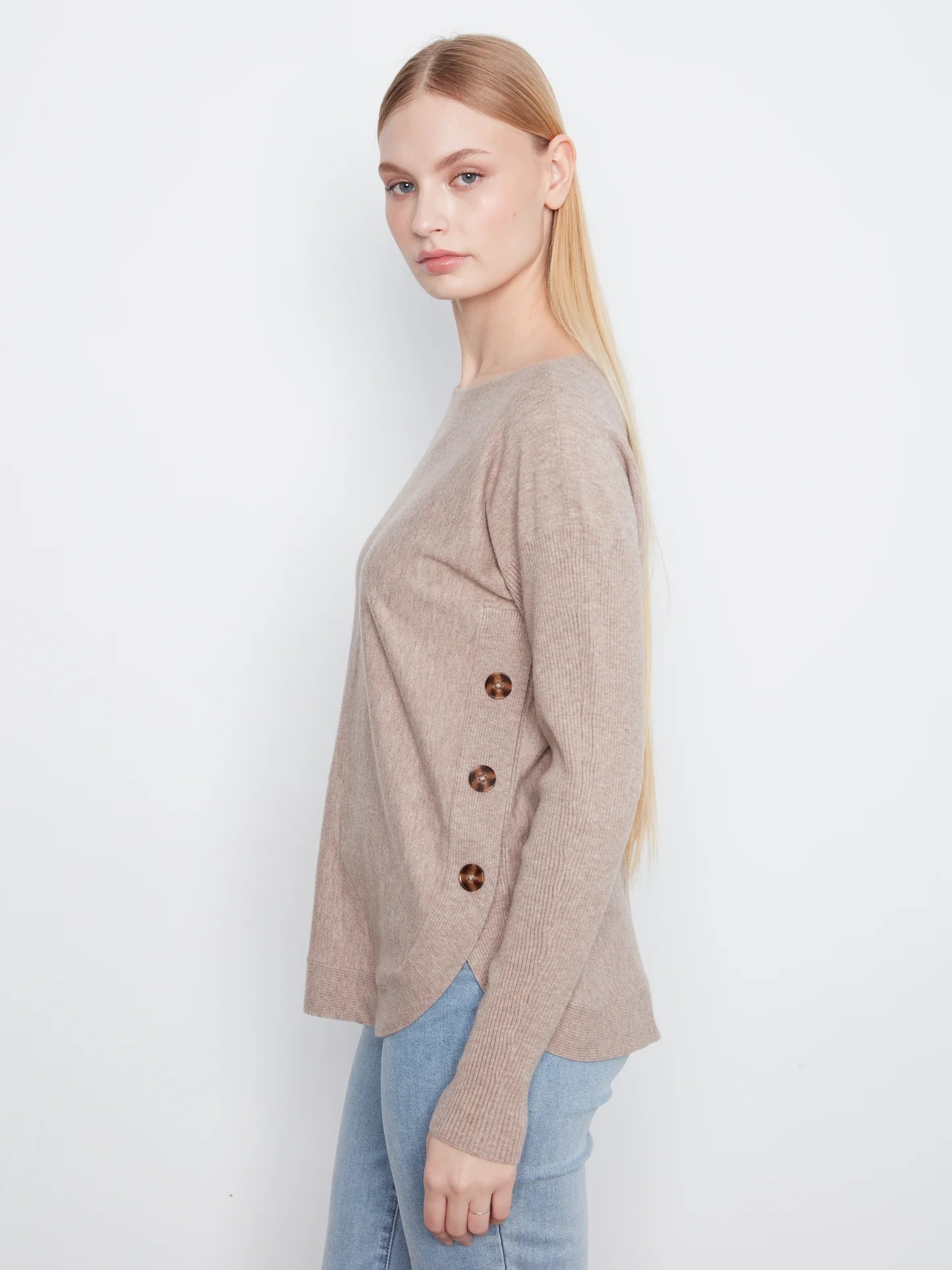 Boat Neck Sweater W/Side Buttons Detail-H-Taupe