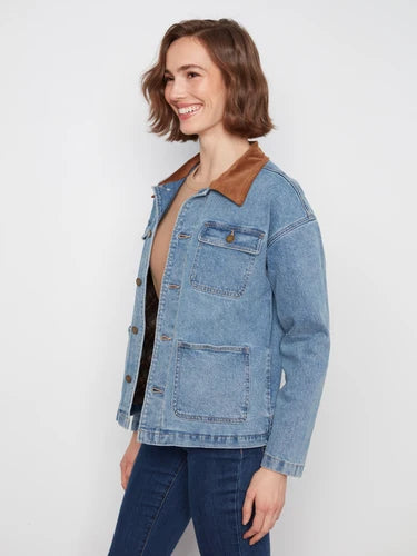 Denim Barn Jacket With Corduroy Collar - Denim Blue